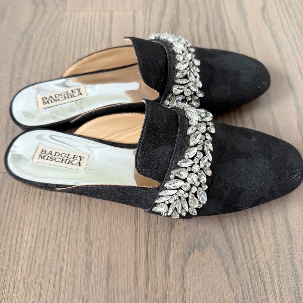 Badgley Mischka Black Crystal Embellished Mules